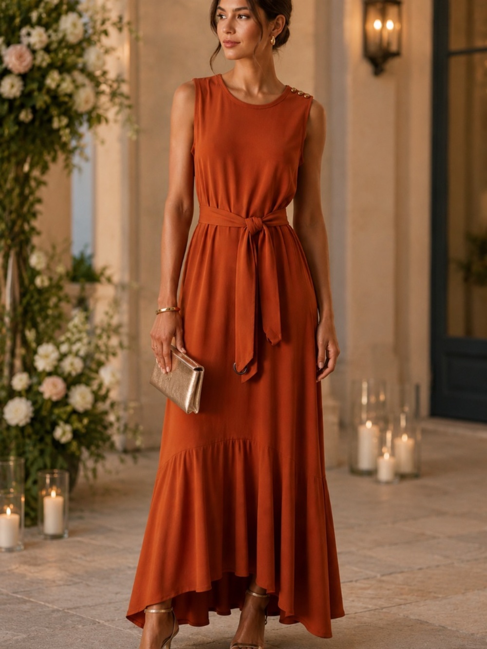 Sz 12⭐️NWT Karl Lagerfeld Rust Sleeveless Asymmetrical Maxi Dress